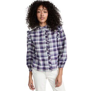 Something Navy Plaid Flannel Shirt Top Womens Medium Purple  Ruffle Button Down